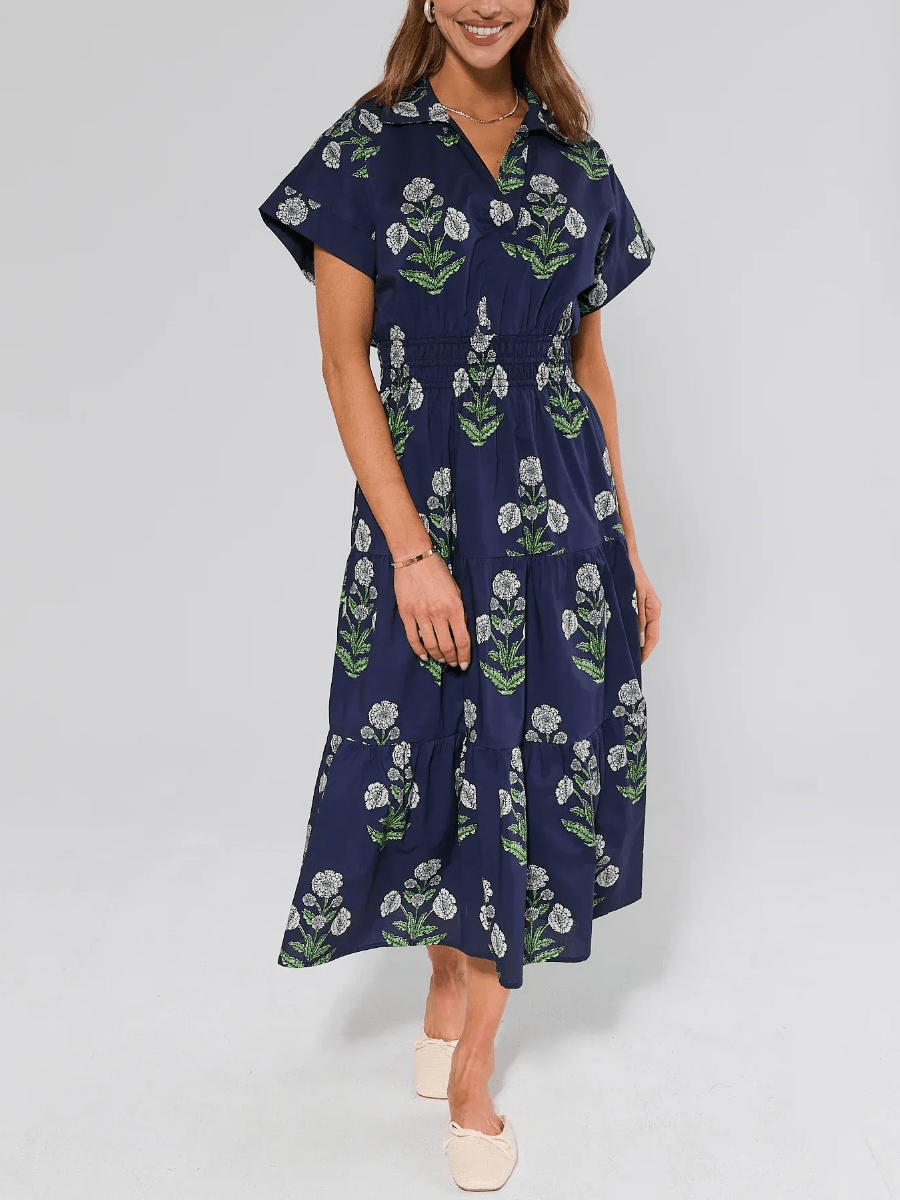 Navy Floral Print Midi Dress - allsose