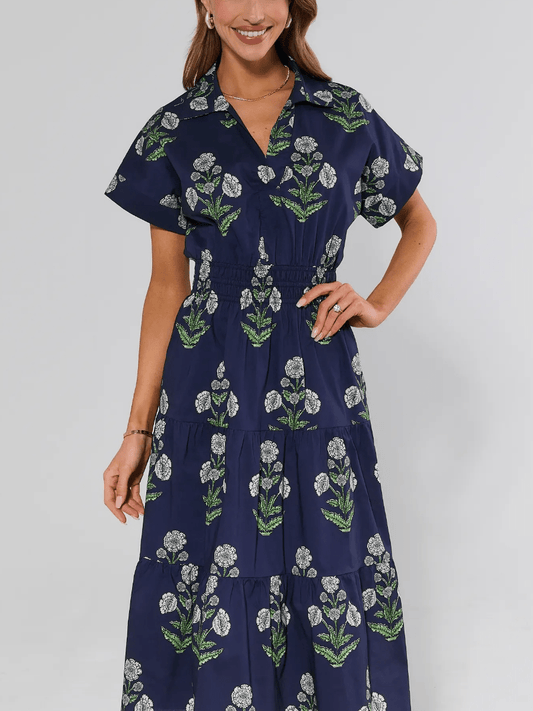 Navy Floral Print Midi Dress - allsose