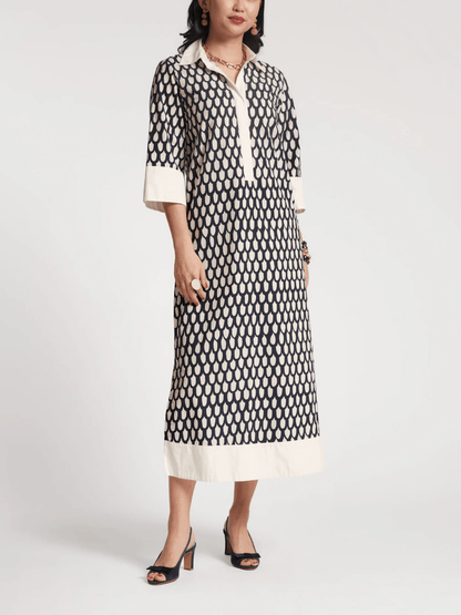 Navy White Teardrop Print Midi Dress - allsose