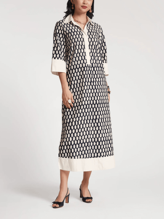Navy White Teardrop Print Midi Dress - allsose