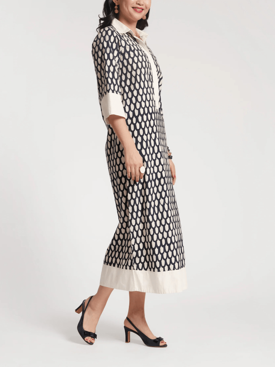 Navy White Teardrop Print Midi Dress - allsose