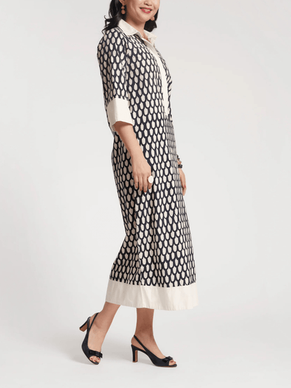 Navy White Teardrop Print Midi Dress - allsose
