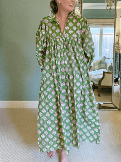 Newest Cotton Block Print Maxi Dress - allsose
