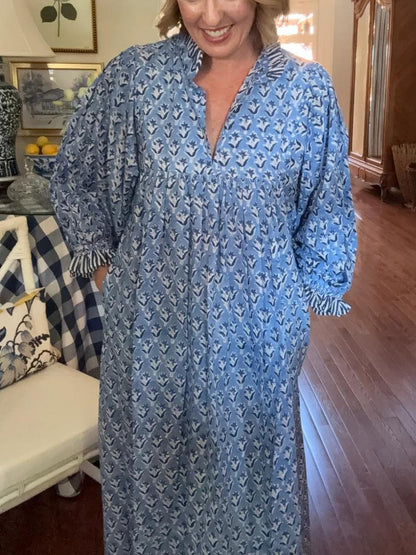 Newest Cotton Block Print Maxi Dress - allsose