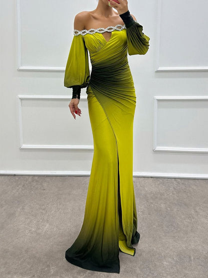 Off Shoulder Rhinestone Sparkle Long Sleeve Party Dress - allsose