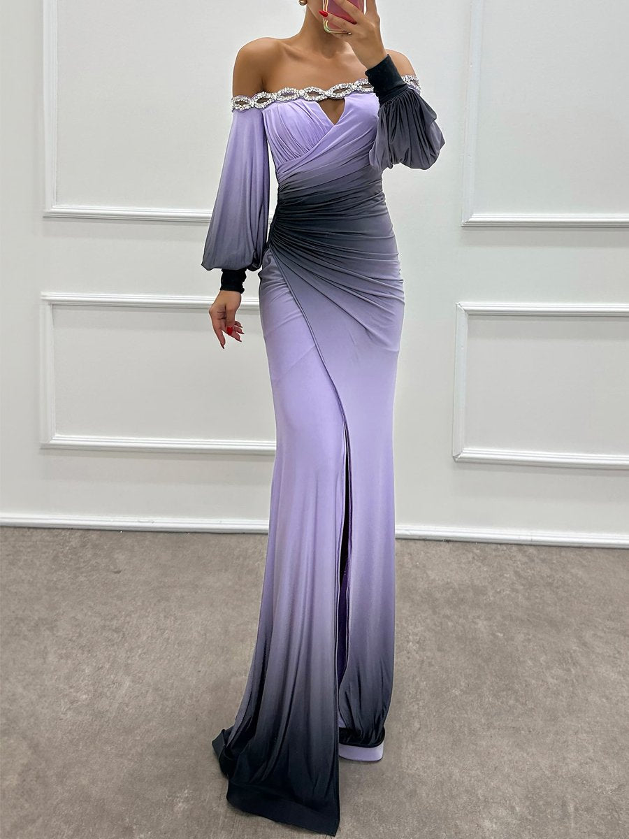 Off Shoulder Rhinestone Sparkle Long Sleeve Party Dress - allsose