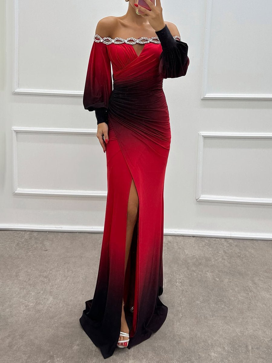 Off Shoulder Rhinestone Sparkle Long Sleeve Party Dress - allsose
