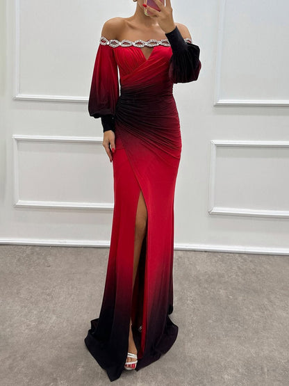 Off Shoulder Rhinestone Sparkle Long Sleeve Party Dress - allsose