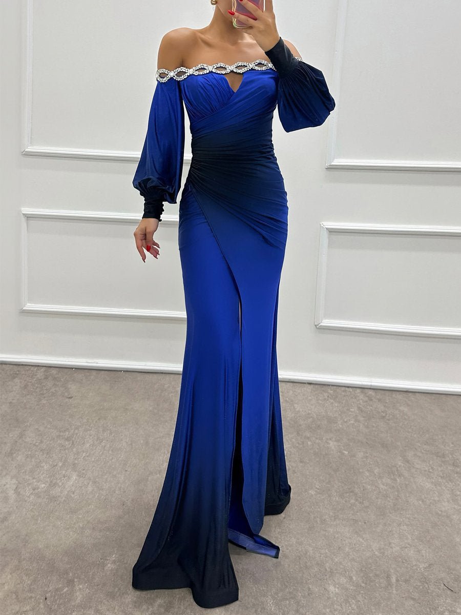 Off Shoulder Rhinestone Sparkle Long Sleeve Party Dress - allsose