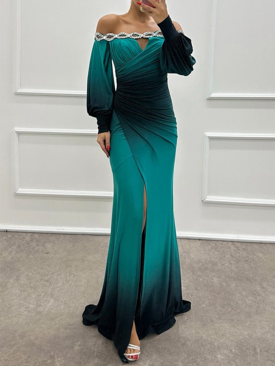 Off Shoulder Rhinestone Sparkle Long Sleeve Party Dress - allsose