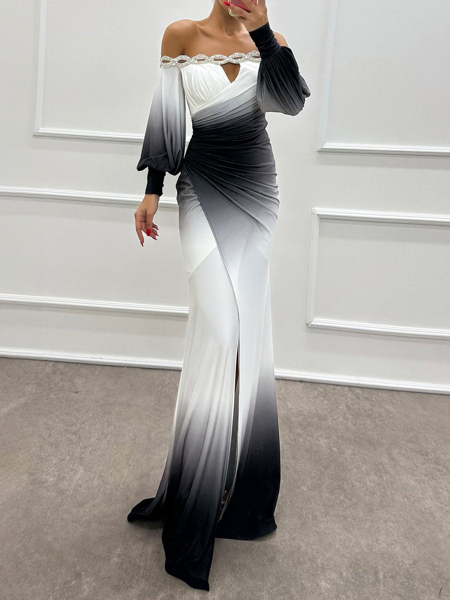 Off Shoulder Rhinestone Sparkle Long Sleeve Party Dress - allsose