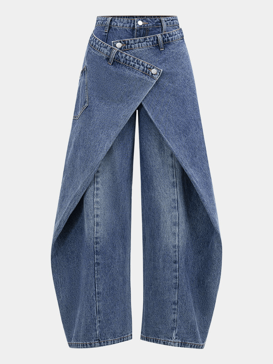 Oversized Baggy Wrap Front Denim Trousers - Trendy Overlap Waist Wide Leg Jeans For Women - allsose