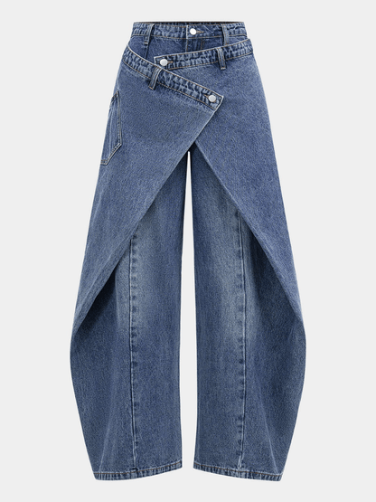 Oversized Baggy Wrap Front Denim Trousers - Trendy Overlap Waist Wide Leg Jeans For Women - allsose