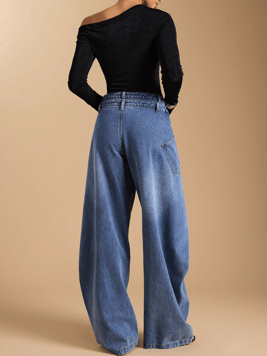 Oversized Baggy Wrap Front Denim Trousers - Trendy Overlap Waist Wide Leg Jeans For Women - allsose