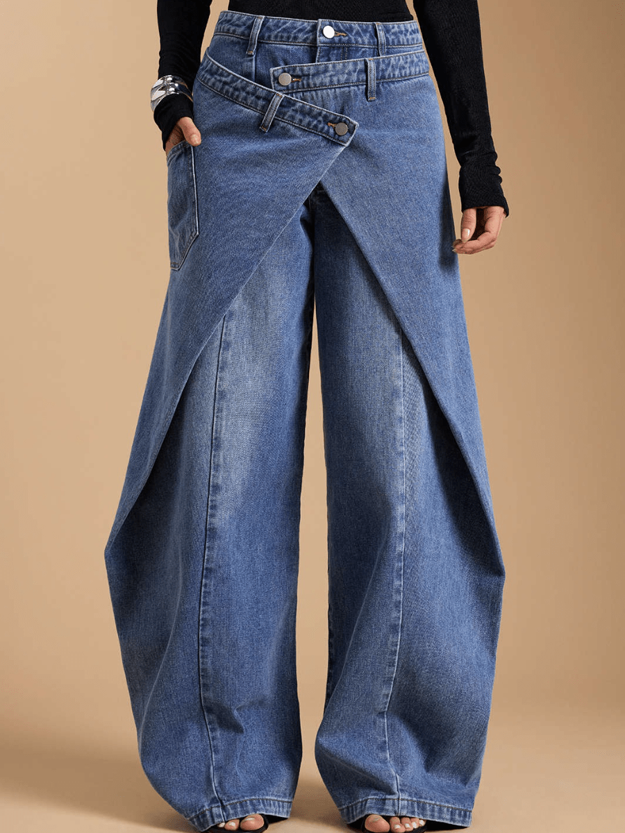 Oversized Baggy Wrap Front Denim Trousers - Trendy Overlap Waist Wide Leg Jeans For Women - allsose