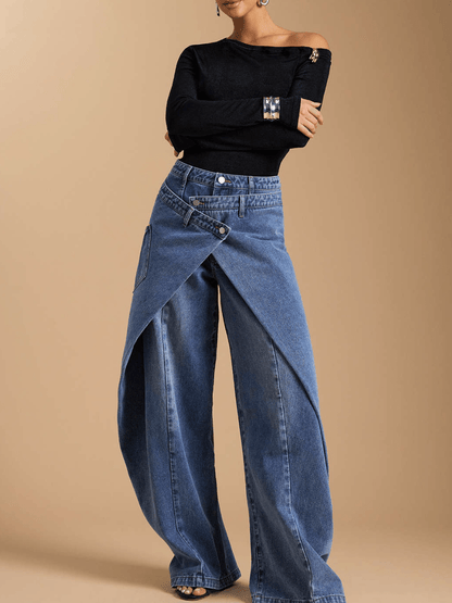 Oversized Baggy Wrap Front Denim Trousers - Trendy Overlap Waist Wide Leg Jeans For Women - allsose