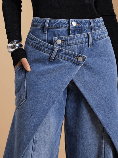 Oversized Baggy Wrap Front Denim Trousers - Trendy Overlap Waist Wide Leg Jeans For Women - allsose