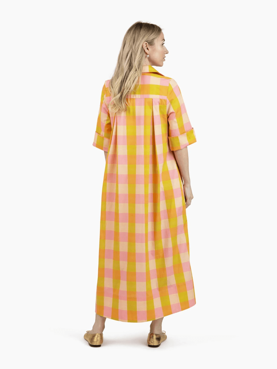 Oversized Check Print Roll Sleeve Shirt Dress - allsose
