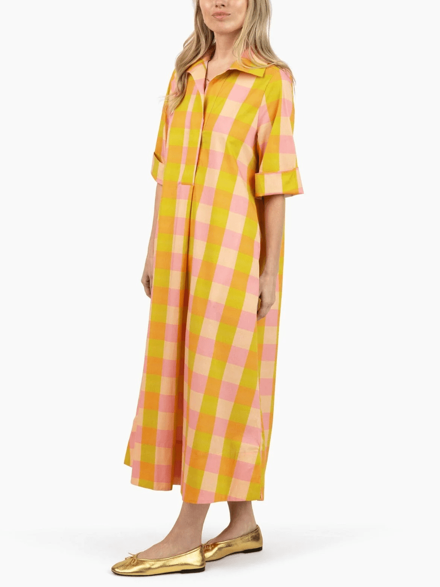 Oversized Check Print Roll Sleeve Shirt Dress - allsose