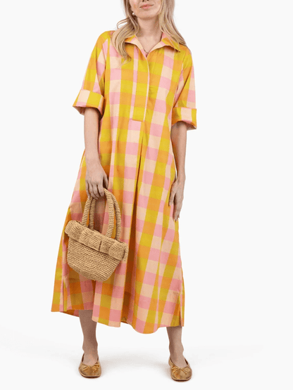 Oversized Check Print Roll Sleeve Shirt Dress - allsose