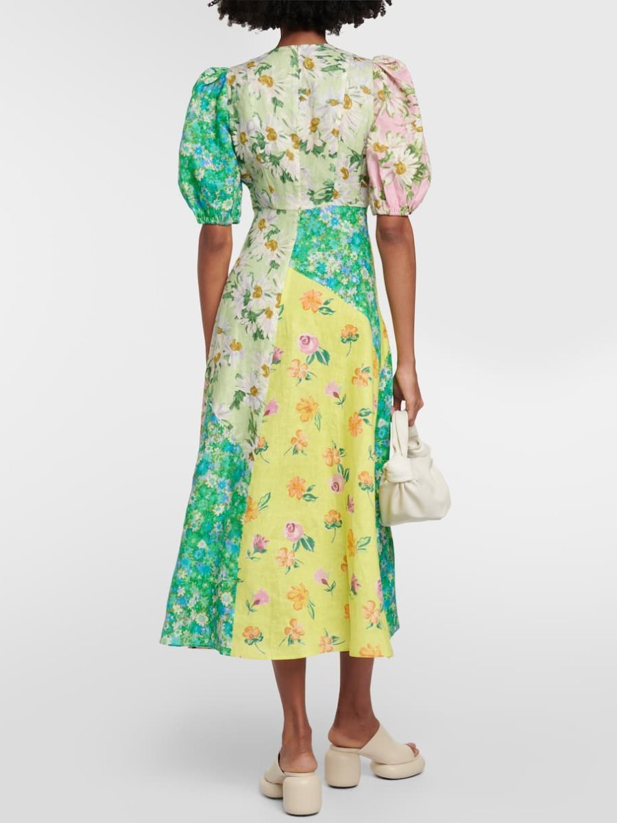 Patchwork Floral Printed Linen Midi Dress - allsose
