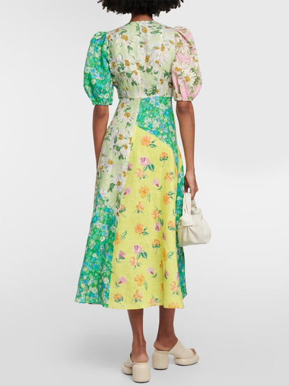 Patchwork Floral Printed Linen Midi Dress - allsose