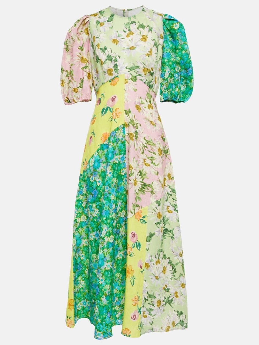 Patchwork Floral Printed Linen Midi Dress - allsose
