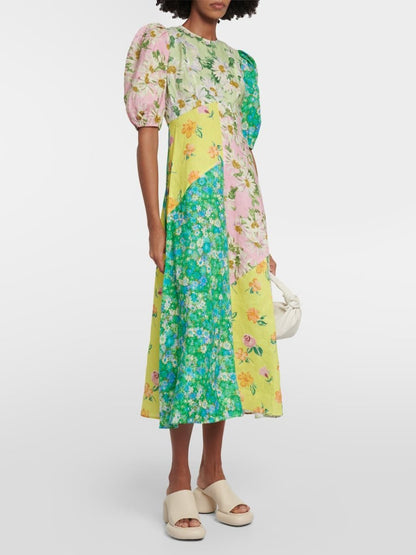 Patchwork Floral Printed Linen Midi Dress - allsose