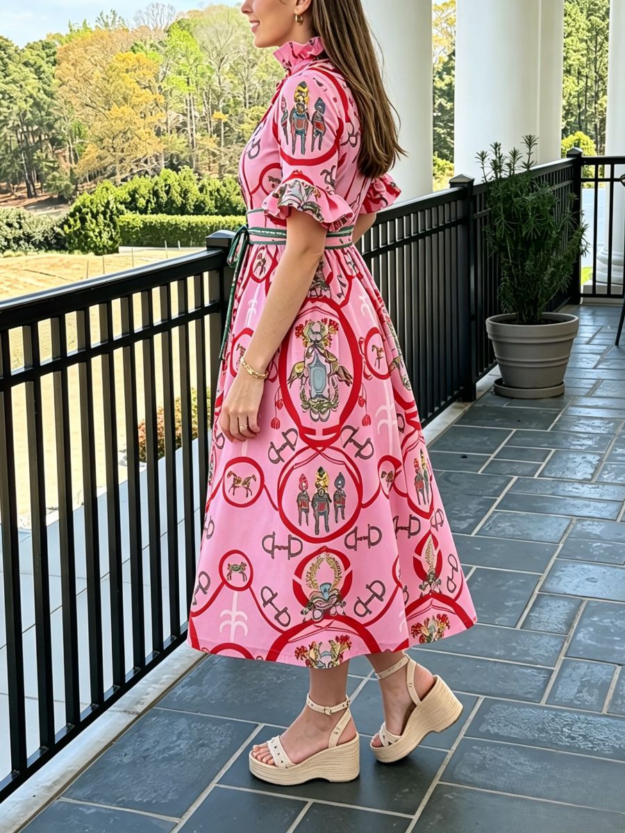 Pink Equestrian Print Ruffle Neck Midi Dress - allsose