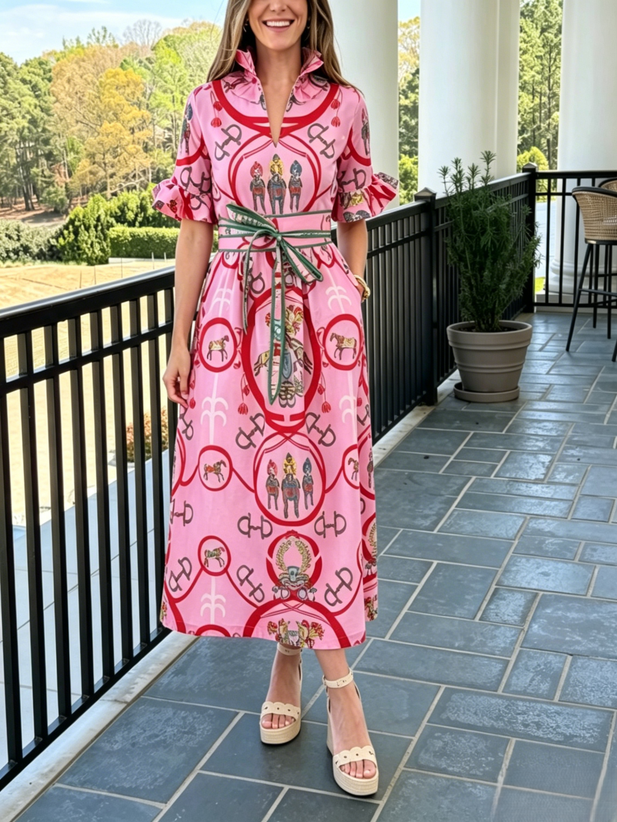 Pink Equestrian Print Ruffle Neck Midi Dress - allsose