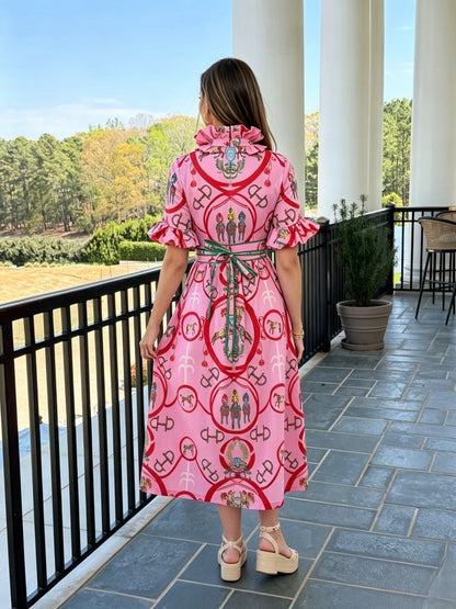 Pink Equestrian Print Ruffle Neck Midi Dress - allsose