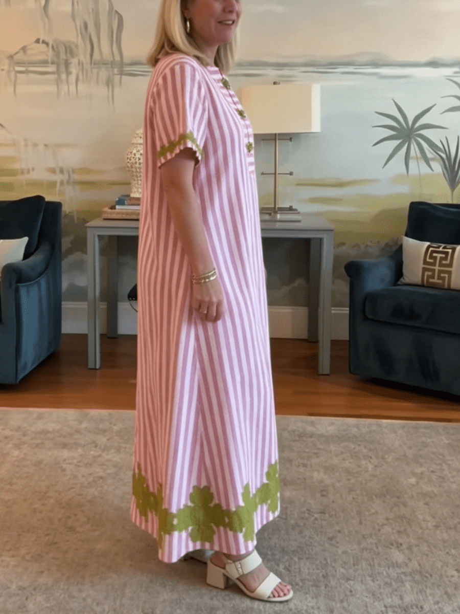 Pink Stripe Casual Long Dress - allsose