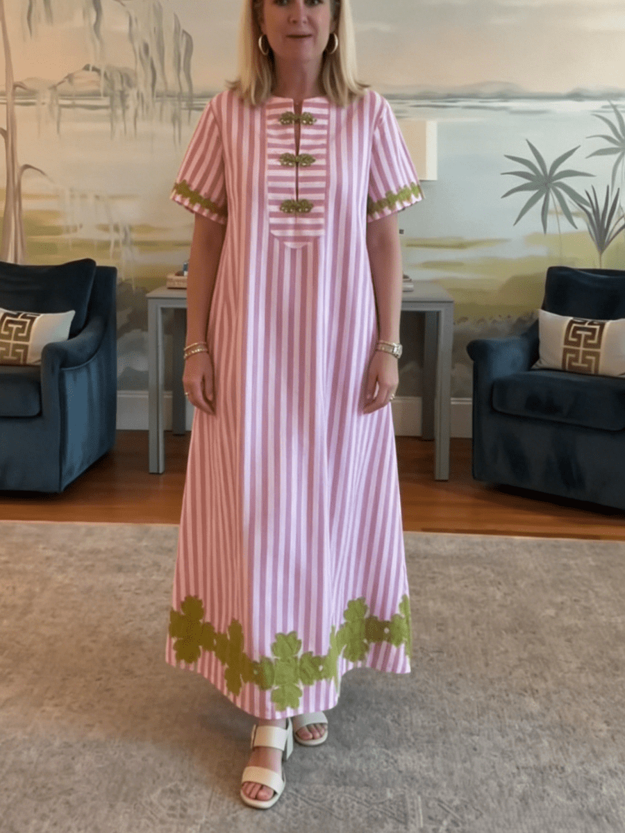 Pink Stripe Casual Long Dress - allsose