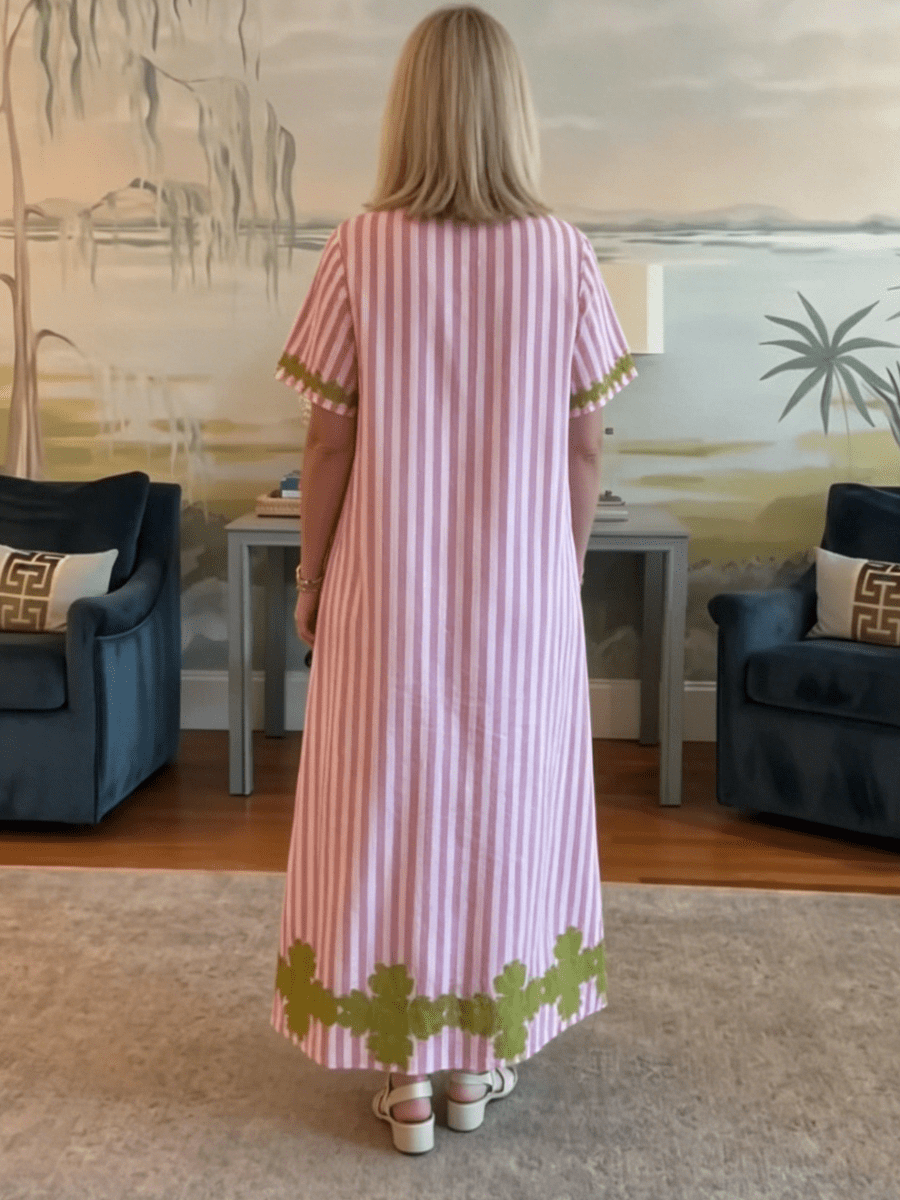 Pink Stripe Casual Long Dress - allsose