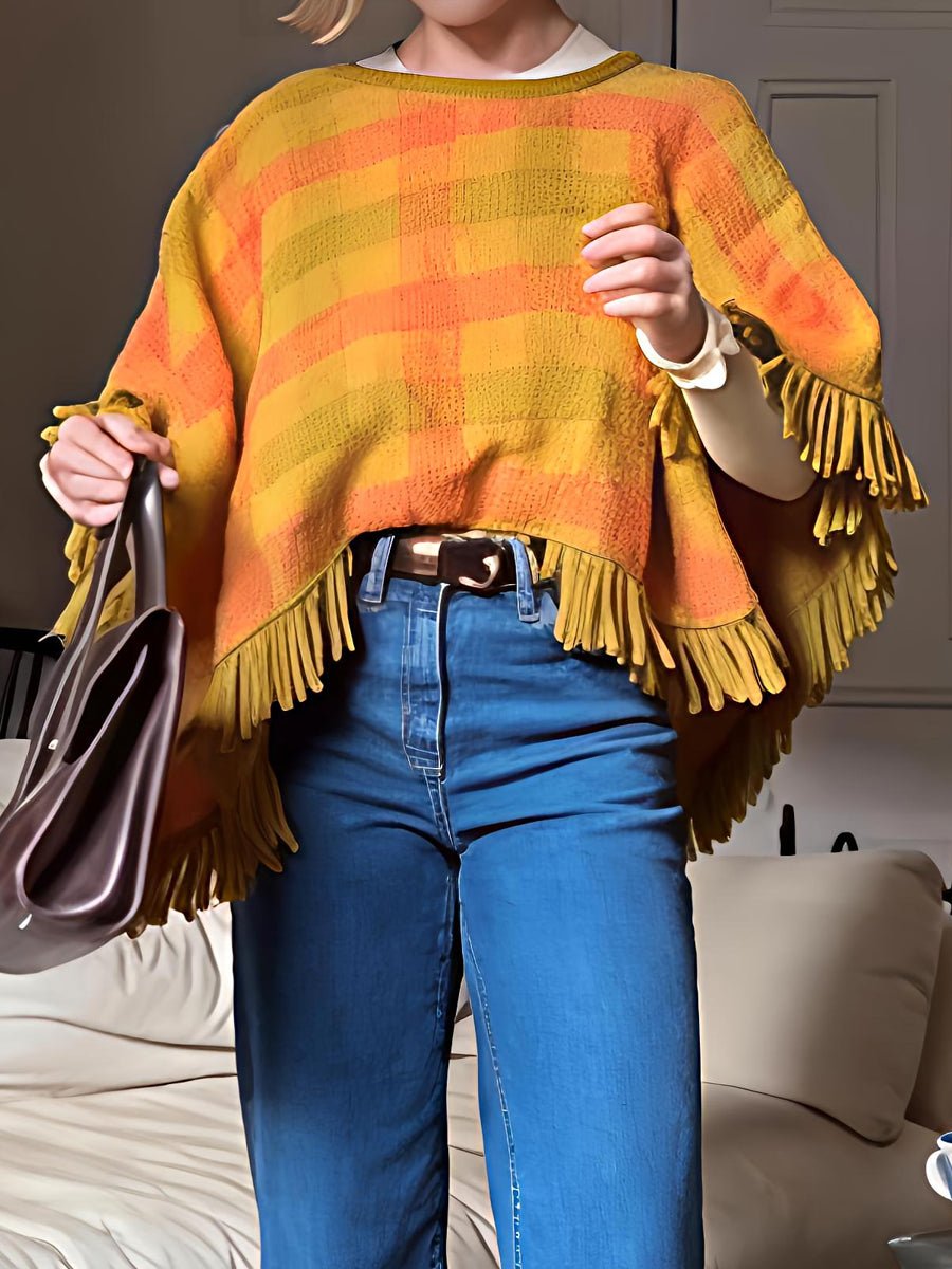 Plaid Print Tassel Hem Mohair Shawl - allsose