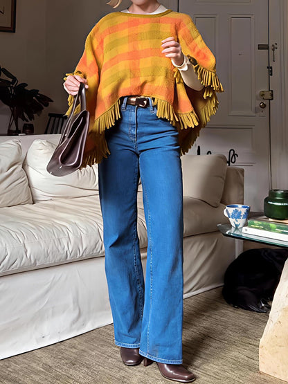 Plaid Print Tassel Hem Mohair Shawl - allsose