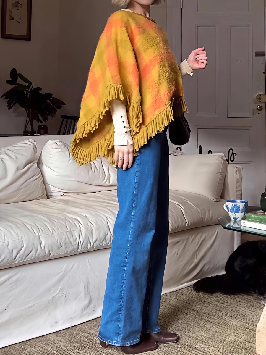 Plaid Print Tassel Hem Mohair Shawl - allsose