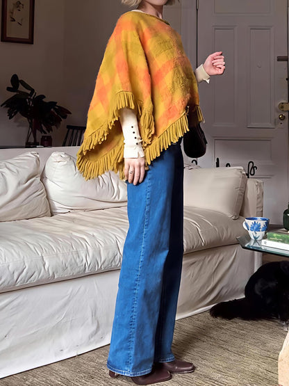 Plaid Print Tassel Hem Mohair Shawl - allsose