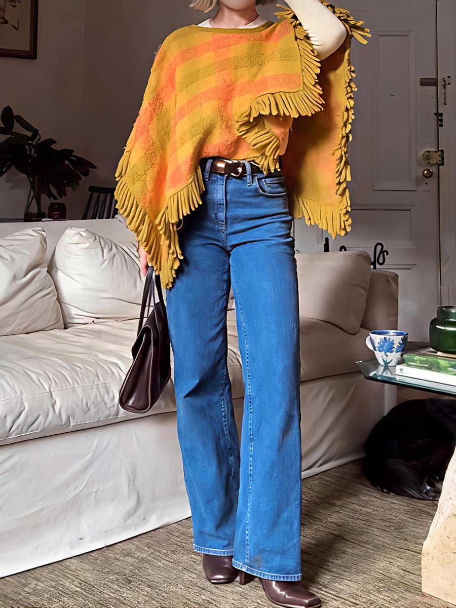 Plaid Print Tassel Hem Mohair Shawl - allsose