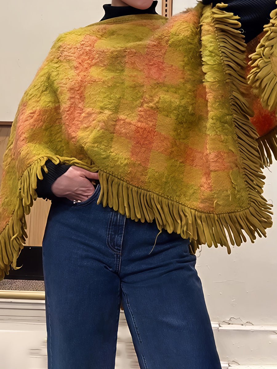 Plaid Print Tassel Hem Mohair Shawl - allsose