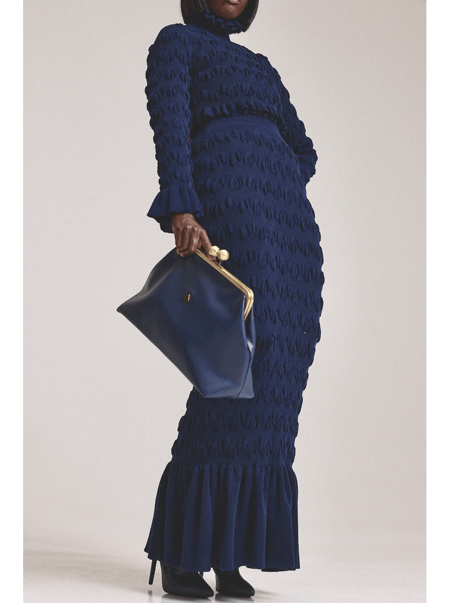 Pleated Navy Knitted Skirt Suit - allsose