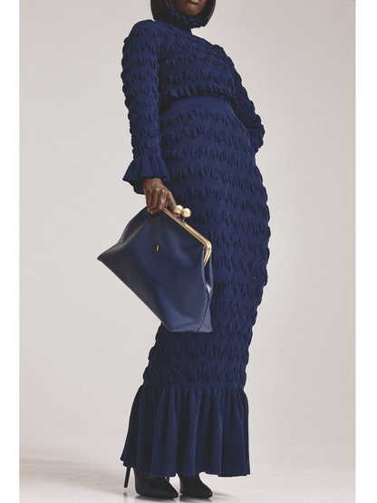 Pleated Navy Knitted Skirt Suit - allsose