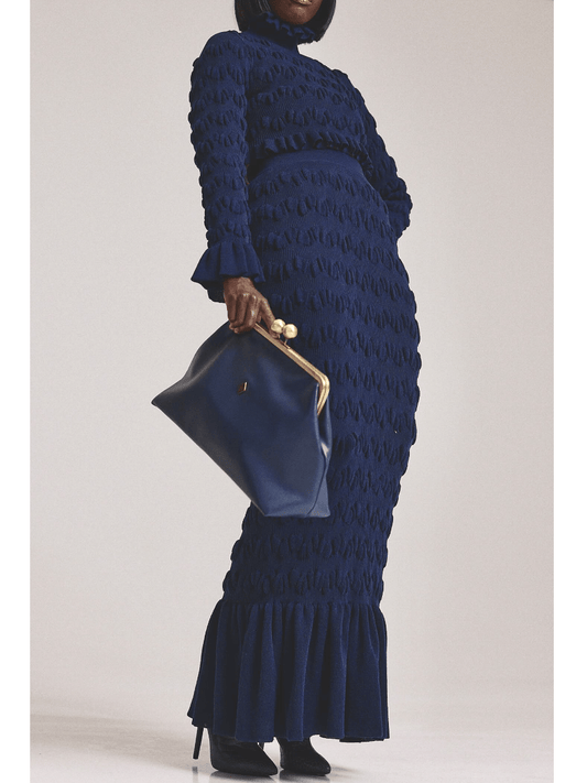 Pleated Navy Knitted Skirt Suit - allsose
