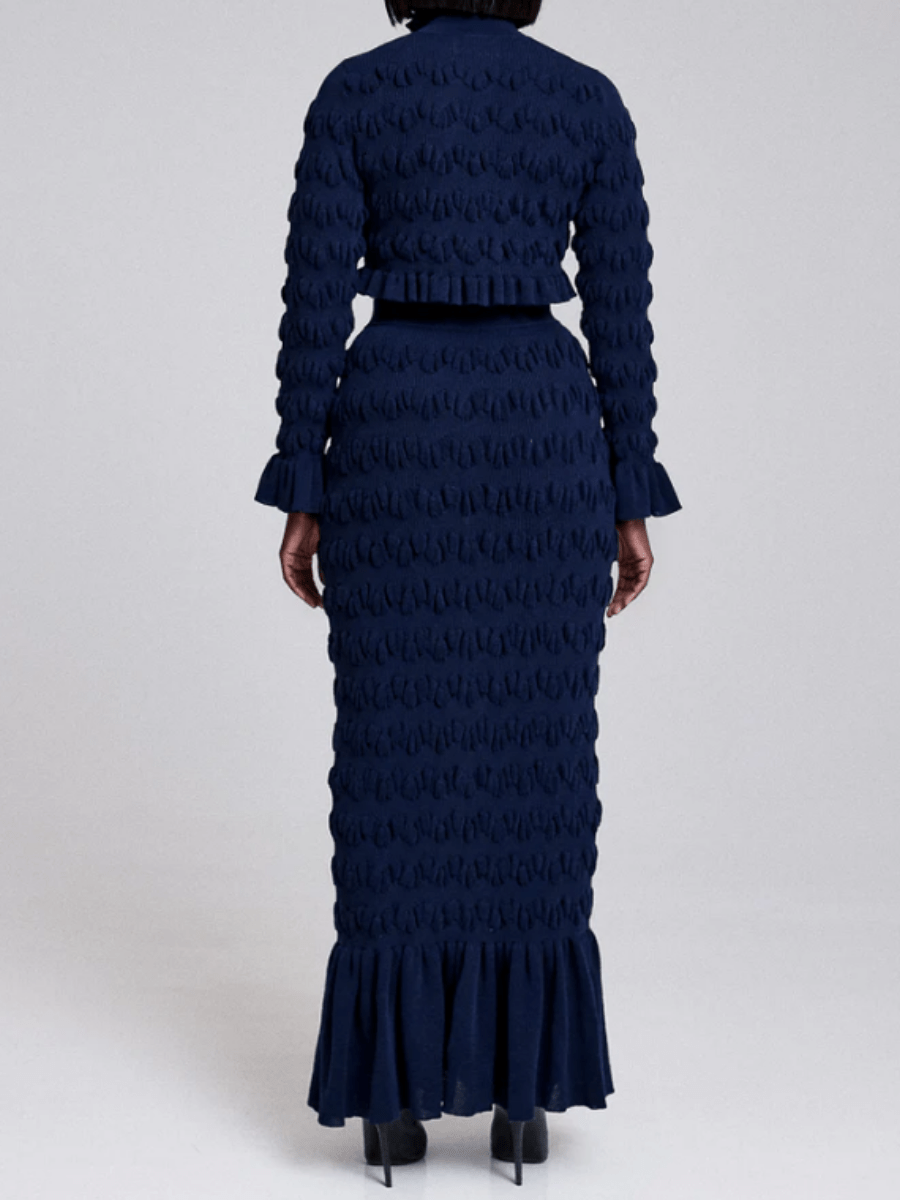 Pleated Navy Knitted Skirt Suit - allsose