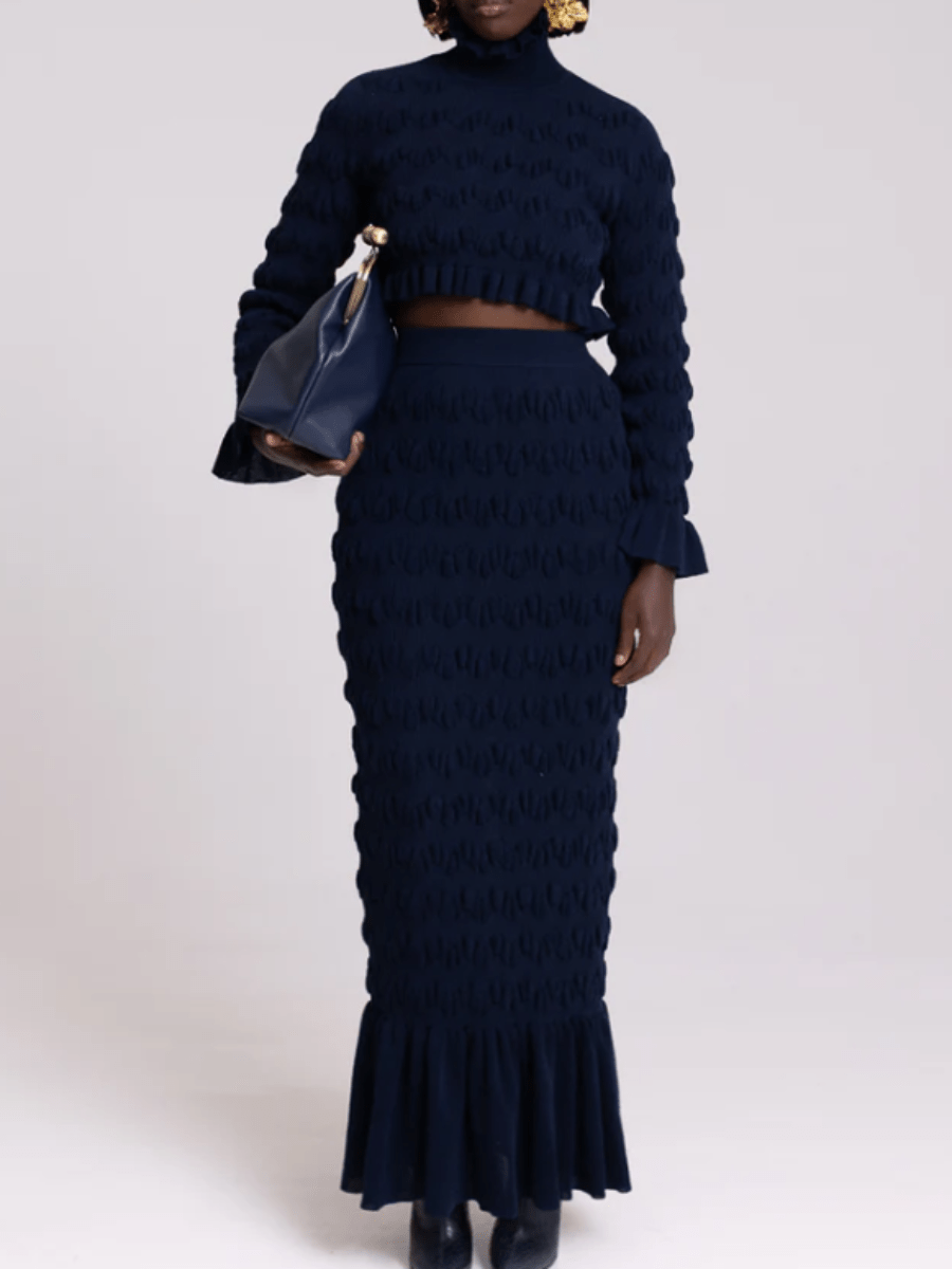 Pleated Navy Knitted Skirt Suit - allsose