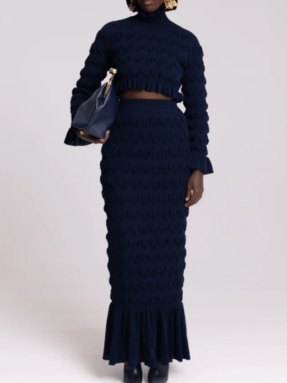 Pleated Navy Knitted Skirt Suit - allsose