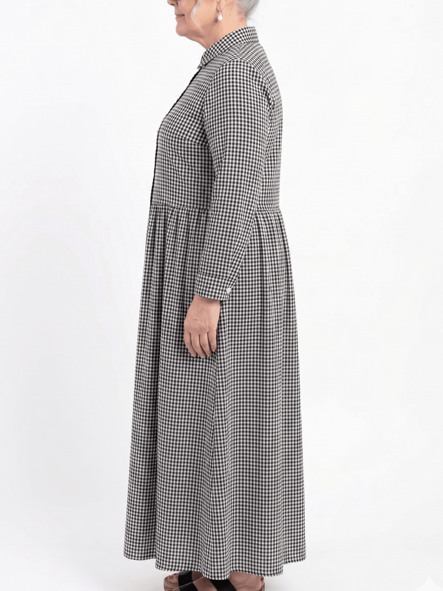 Plus Size Black & White Gingham Button - Down Maxi Shirt Dress - allsose