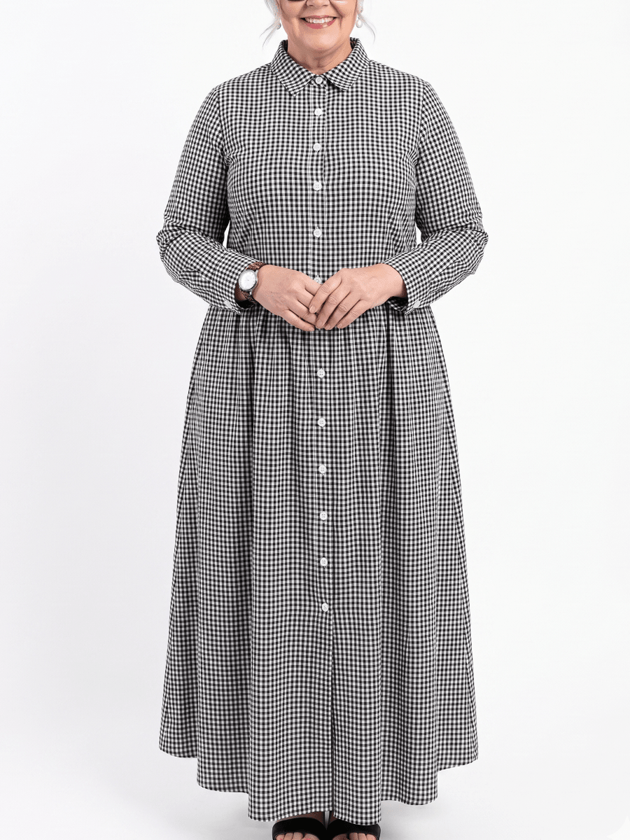 Plus Size Black & White Gingham Button - Down Maxi Shirt Dress - allsose