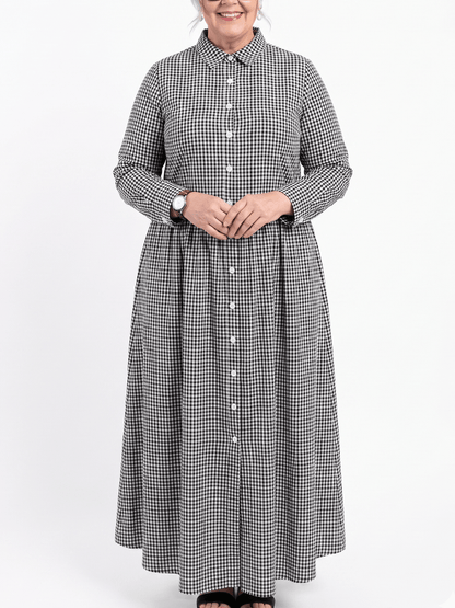 Plus Size Black & White Gingham Button - Down Maxi Shirt Dress - allsose