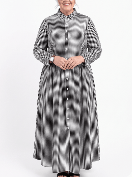 Plus Size Black & White Gingham Button - Down Maxi Shirt Dress - allsose